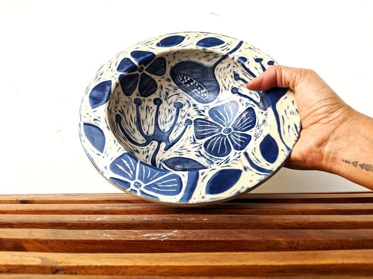 blue and white carved pasta bowls