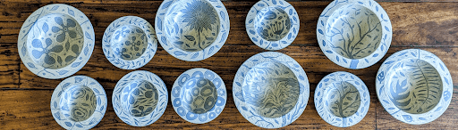 blue and white carved pasta bowls